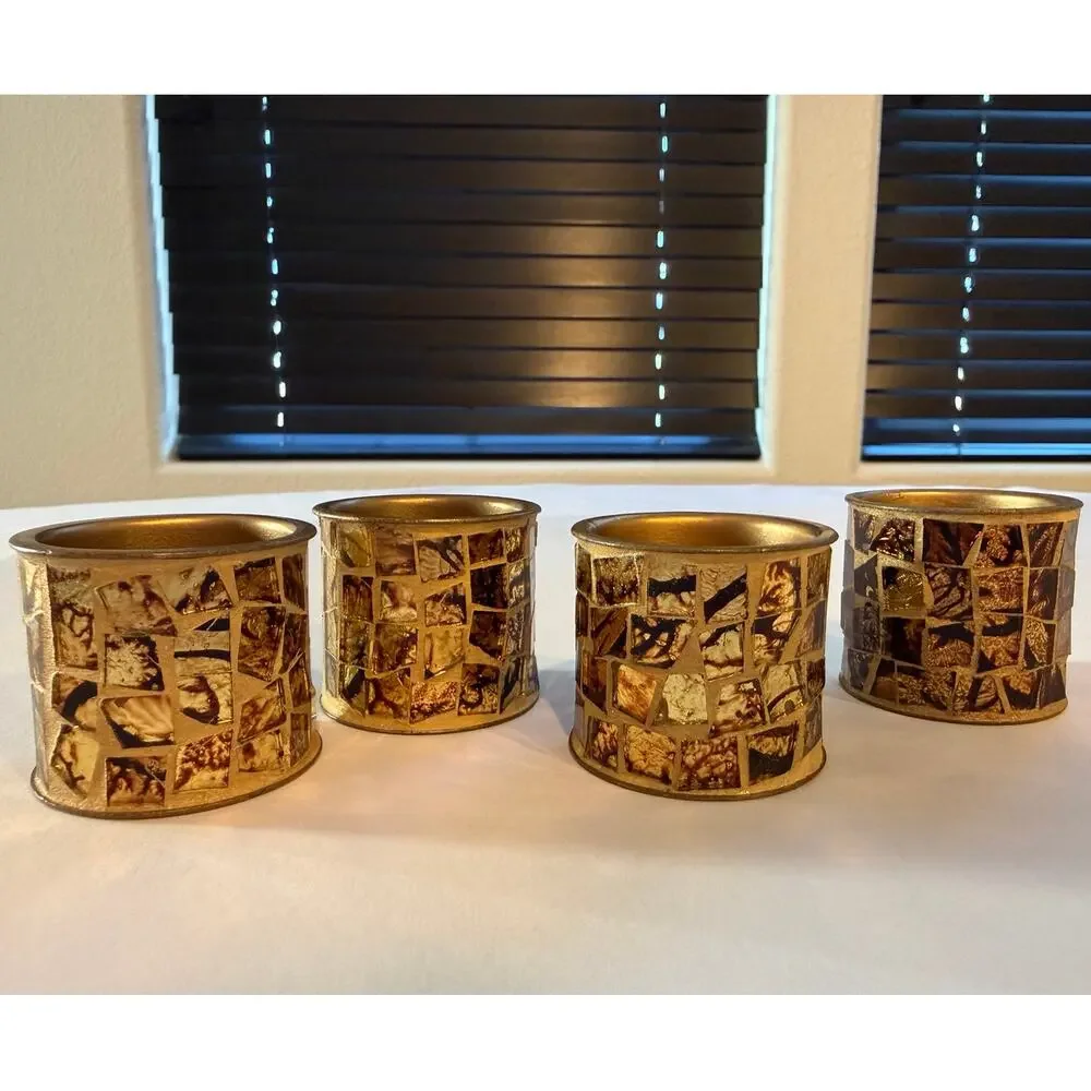 Vintage Gold & Brown Mosaic Tile Napkin Rings - Set of 4